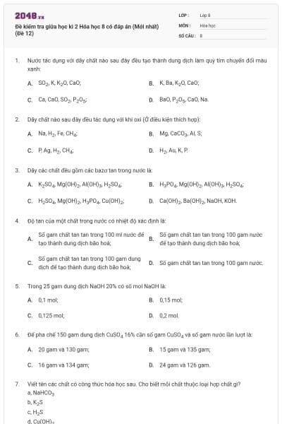 Đề kiểm tra giữa học kì 2 Hóa học 8 có đáp án (Mới nhất) (Đề 12)