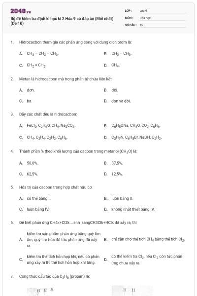 Bộ đề kiểm tra định kì học kì 2 Hóa 9 có đáp án (Mới nhất) (Đề 10)