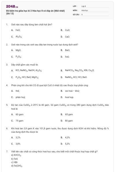 Đề kiểm tra giữa học kì 2 Hóa học 8 có đáp án (Mới nhất) (Đề 13)