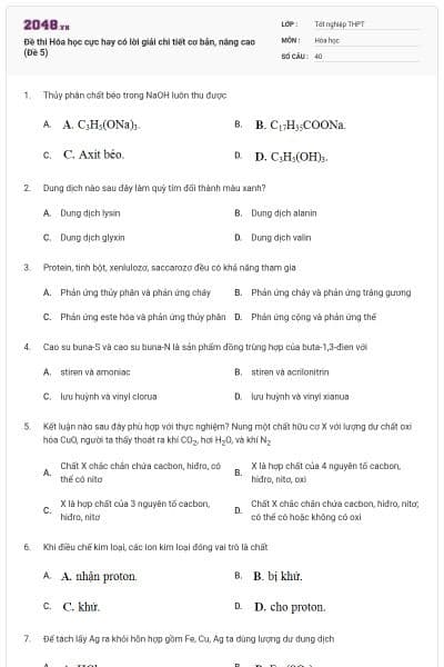 Đề thi Hóa học cực hay có lời giải chi tiết cơ bản, nâng cao (Đề 5)