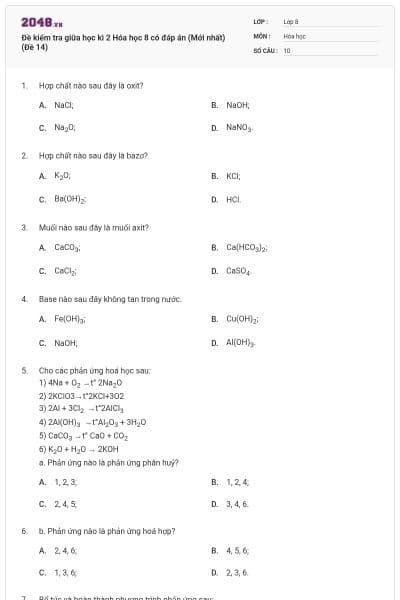 Đề kiểm tra giữa học kì 2 Hóa học 8 có đáp án (Mới nhất) (Đề 14)