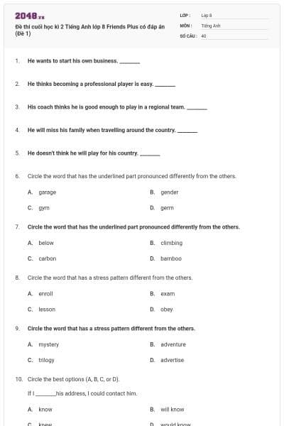 Đề thi cuối học kì 2 Tiếng Anh lớp 8 Friends Plus có đáp án (Đề 1)