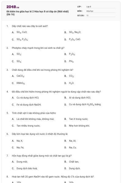 Đề kiểm tra giữa học kì 2 Hóa học 8 có đáp án (Mới nhất) (Đề 16)