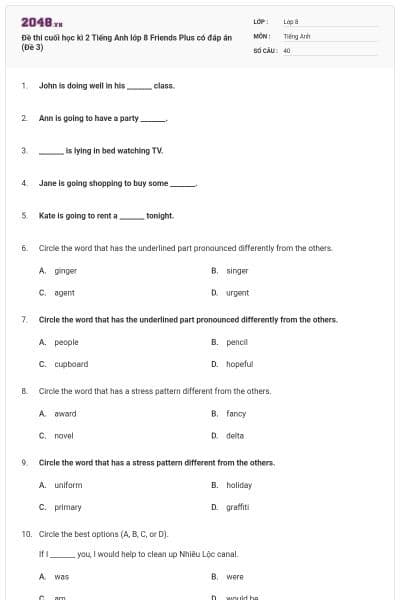 Đề thi cuối học kì 2 Tiếng Anh lớp 8 Friends Plus có đáp án (Đề 3)