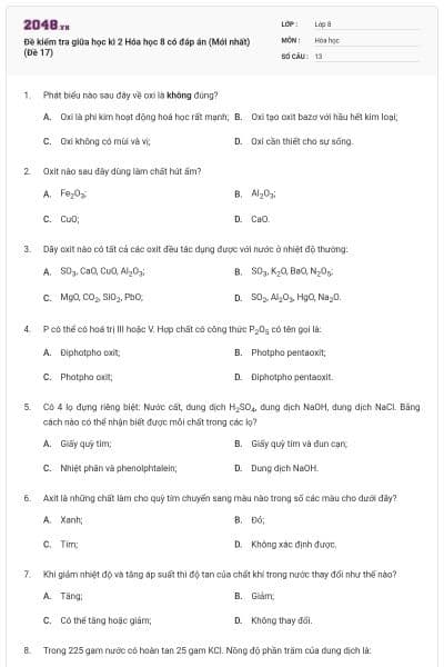 Đề kiểm tra giữa học kì 2 Hóa học 8 có đáp án (Mới nhất) (Đề 17)