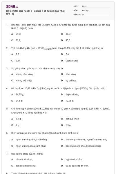 Đề kiểm tra giữa học kì 2 Hóa học 8 có đáp án (Mới nhất) (Đề 18)