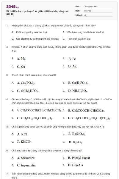 Đề thi Hóa học cực hay có lời giải chi tiết cơ bản, nâng cao (Đề 10)