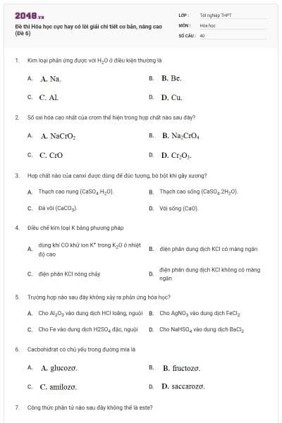 Đề thi Hóa học cực hay có lời giải chi tiết cơ bản, nâng cao (Đề 6)