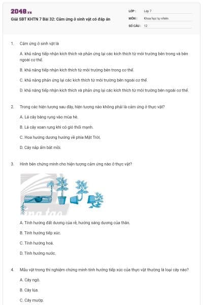 Giải SBT KHTN 7 Bài 32: Cảm ứng ở sinh vật có đáp án