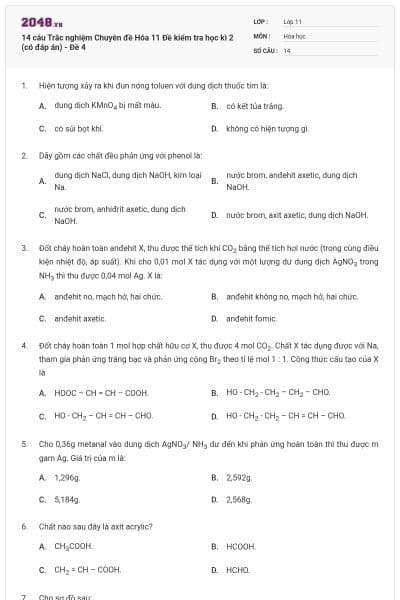 14 câu Trắc nghiệm Chuyên đề Hóa 11 Đề kiểm tra học kì 2 (có đáp án) - Đề 4