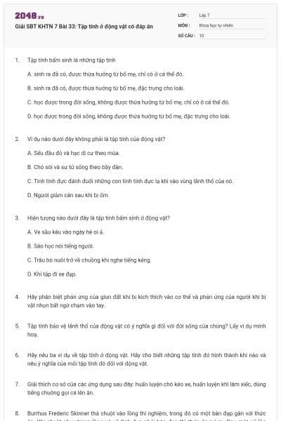 Giải SBT KHTN 7 Bài 33: Tập tính ở động vật có đáp án