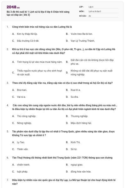 Bộ 3 đề thi cuối kì 1 Lịch sử & Địa lí lớp 6 Chân trời sáng tạo có đáp án ( Đề 3)