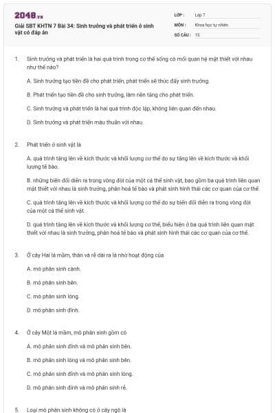 Giải SBT KHTN 7 Bài 34: Sinh trưởng và phát triển ở sinh vật có đáp án