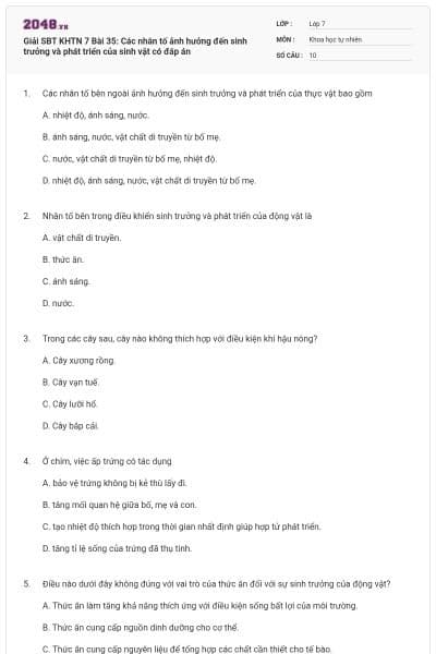 Giải SBT KHTN 7 Bài 35: Các nhân tố ảnh hưởng đến sinh trưởng và phát triển của sinh vật có đáp án