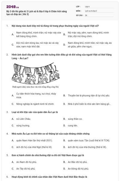 Bộ 3 đề thi giữa kì 2 Lịch sử & Địa lí lớp 6 Chân trời sáng tạo có đáp án ( Đề 3)