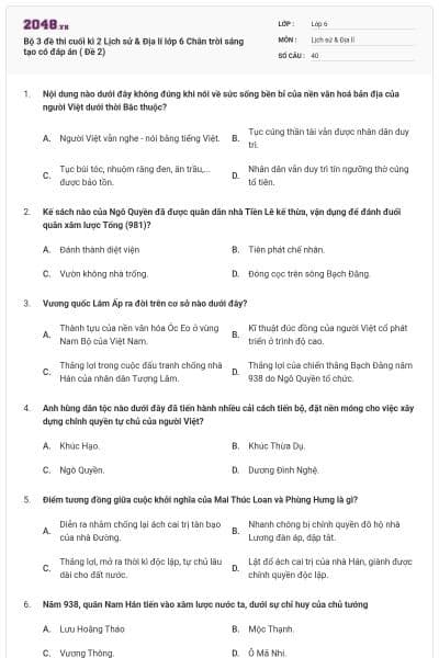 Bộ 3 đề thi cuối kì 2 Lịch sử & Địa lí lớp 6 Chân trời sáng tạo có đáp án ( Đề 2)