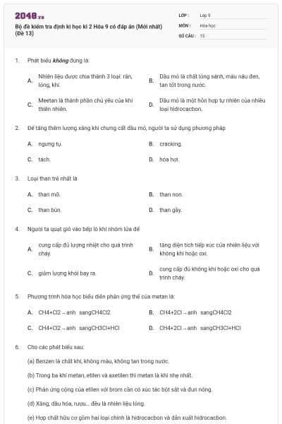 Bộ đề kiểm tra định kì học kì 2 Hóa 9 có đáp án (Mới nhất) (Đề 13)