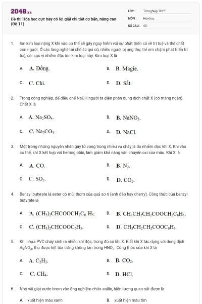 Đề thi Hóa học cực hay có lời giải chi tiết cơ bản, nâng cao (Đề 11)