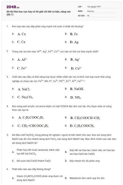 Đề thi Hóa học cực hay có lời giải chi tiết cơ bản, nâng cao (Đề 7)