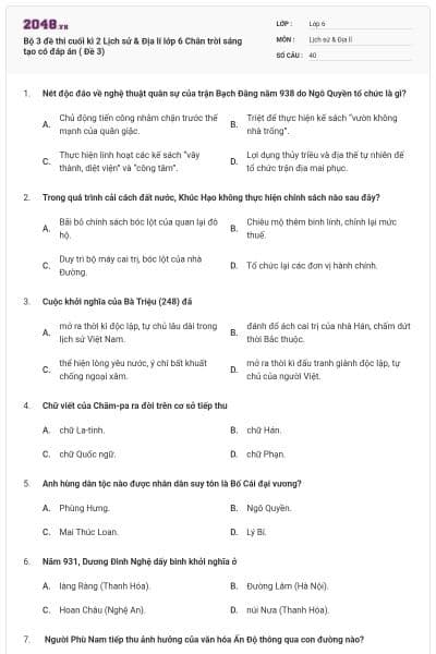 Bộ 3 đề thi cuối kì 2 Lịch sử & Địa lí lớp 6 Chân trời sáng tạo có đáp án ( Đề 3)