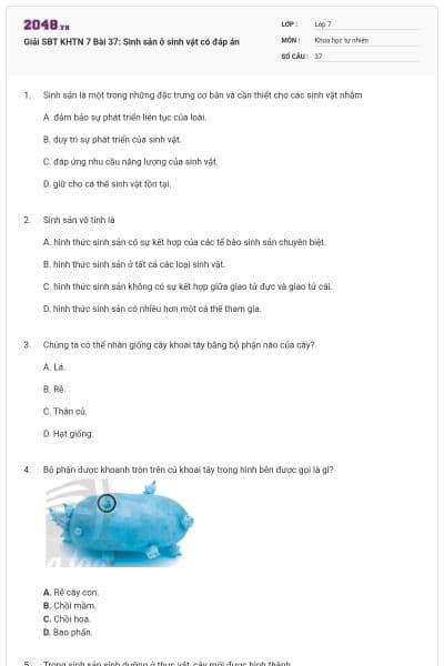 Giải SBT KHTN 7 Bài 37: Sinh sản ở sinh vật có đáp án