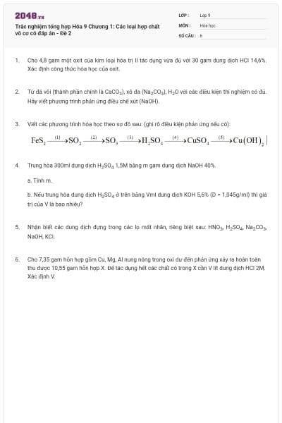 Trắc nghiệm tổng hợp Hóa 9 Chương 1: Các loại hợp chất vô cơ có đáp án - Đề 2