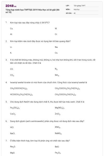 Tổng hợp minh họa THPTQG 2019 Hóa Học có lời giải (Đề số 10)