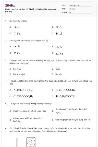 Đề thi Hóa học cực hay có lời giải chi tiết cơ bản, nâng cao (Đề 12)