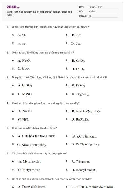 Đề thi Hóa học cực hay có lời giải chi tiết cơ bản, nâng cao (Đề 8)