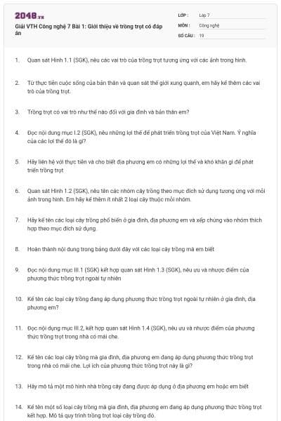 Giải VTH Công nghệ 7 Bài 1: Giới thiệu về trồng trọt có đáp án