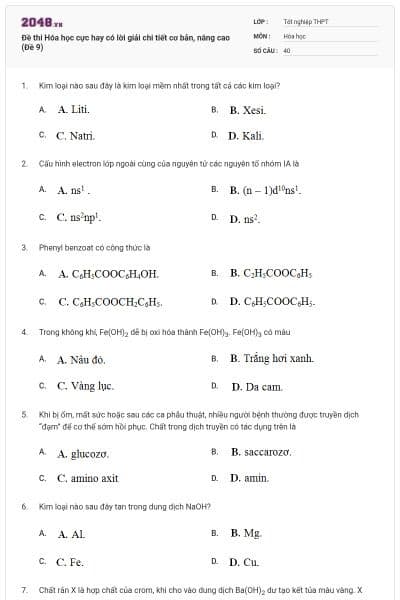 Đề thi Hóa học cực hay có lời giải chi tiết cơ bản, nâng cao (Đề 9)