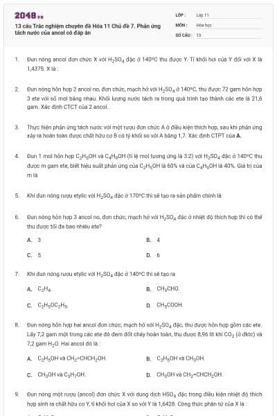 13 câu  Trắc nghiệm chuyên đề Hóa 11 Chủ đề 7. Phản ứng tách nước của ancol có đáp án