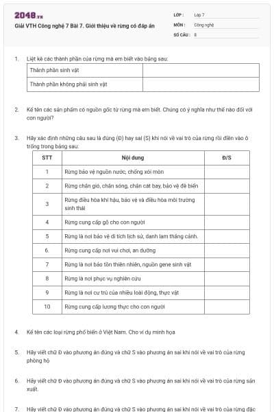 Giải VTH Công nghệ 7 Bài 7. Giới thiệu về rừng có đáp án