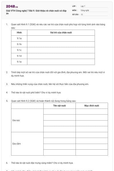 Giải VTH Công nghệ 7 Bài 9. Giới thiệu về chăn nuôi có đáp án