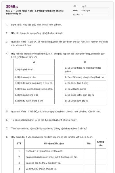 Giải VTH Công nghệ 7 Bài 11. Phòng và trị bệnh cho vật nuôi có đáp án