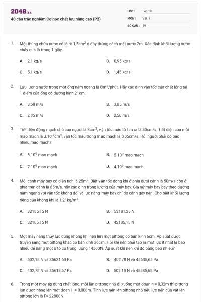 40 câu trắc nghiệm Cơ học chất lưu nâng cao (P2)