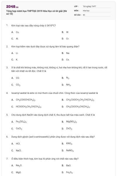Tổng hợp minh họa THPTQG 2019 Hóa Học có lời giải (Đề số 10)