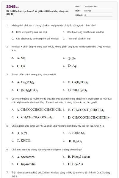Đề thi Hóa học cực hay có lời giải chi tiết cơ bản, nâng cao (Đề 10)
