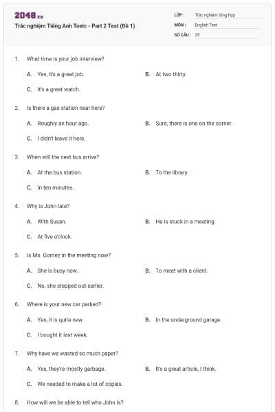 Trắc nghiệm Tiếng Anh Toeic - Part 2 Test (Đề 1)