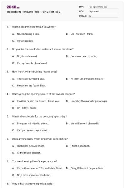 Trắc nghiệm Tiếng Anh Toeic - Part 2 Test (Đề 2)