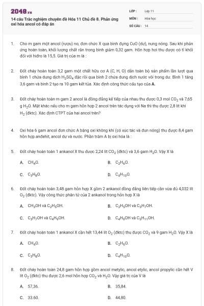 14 câu  Trắc nghiệm chuyên đề Hóa 11 Chủ đề 8. Phản ứng oxi hóa ancol có đáp án