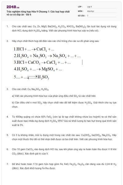 Trắc nghiệm tổng hợp Hóa 9 Chương 1: Các loại hợp chất vô cơ có đáp án - Đề 6