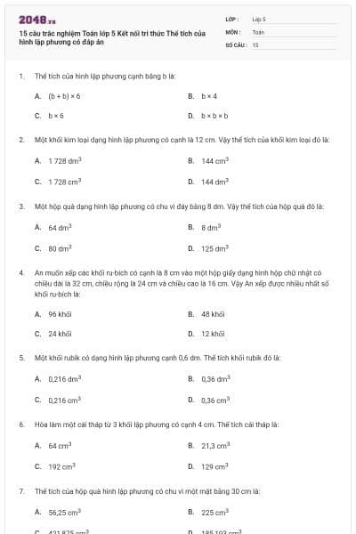 15 câu trắc nghiệm Toán lớp 5 Kết nối tri thức Thể tích của hình lập phương có đáp án