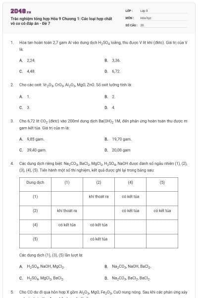 Trắc nghiệm tổng hợp Hóa 9 Chương 1: Các loại hợp chất vô cơ có đáp án - Đề 7