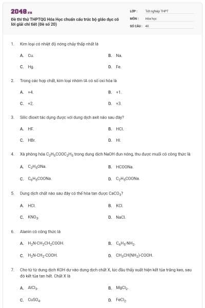 Đề thi thử THPTQG Hóa Học chuẩn cấu trúc bộ giáo dục có lời giải chi tiết (Đề số 20)