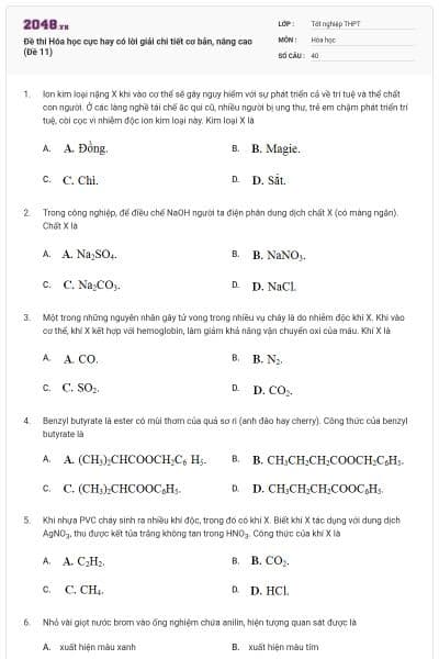 Đề thi Hóa học cực hay có lời giải chi tiết cơ bản, nâng cao (Đề 11)