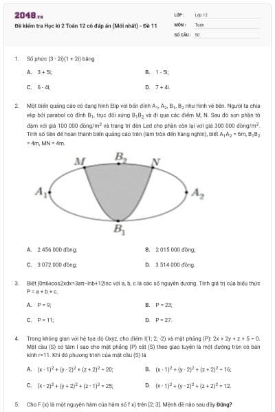 Đề kiểm tra Học kì 2 Toán 12 có đáp án (Mới nhất) - Đề 11