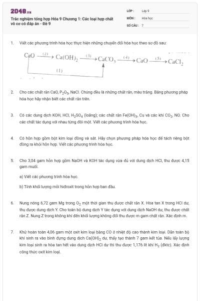 Trắc nghiệm tổng hợp Hóa 9 Chương 1: Các loại hợp chất vô cơ có đáp án - Đề 9