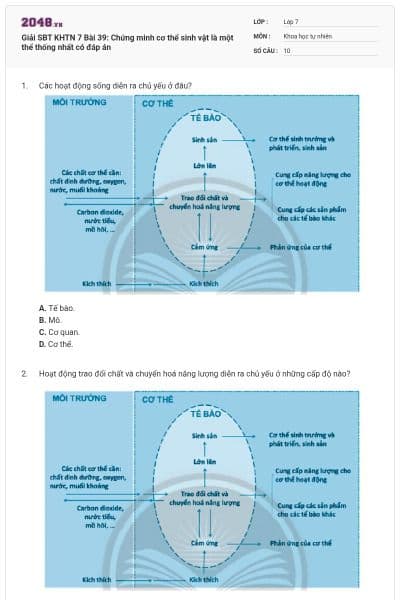 Giải SBT KHTN 7 Bài 39: Chứng minh cơ thể sinh vật là một thể thống nhất có đáp án