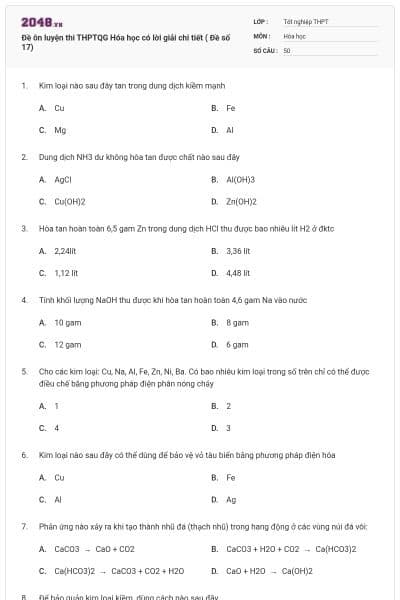 Đề ôn luyện thi THPTQG Hóa học có lời giải chi tiết ( Đề số 17)